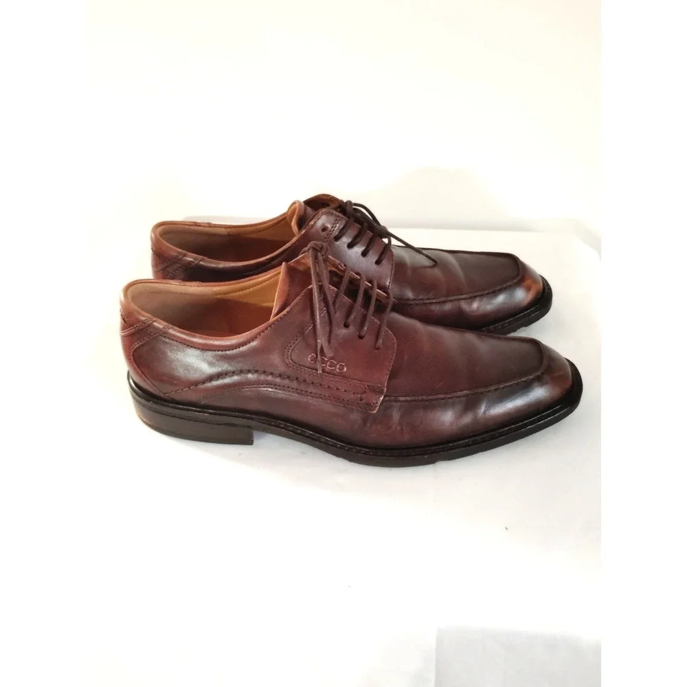 Ecco Brown Leather Lace Tie Almond Toe Derby 43 US 9.5 Preppy Oxford Dress Shoes